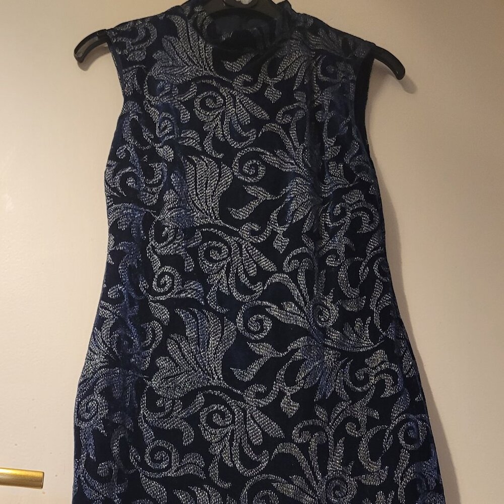 Orsay dark navy blue velvet 2 layer dress, embroidered silver floral design